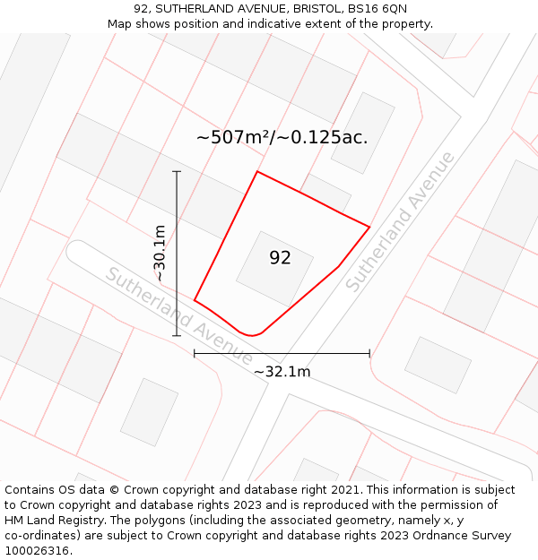 92, SUTHERLAND AVENUE, BRISTOL, BS16 6QN: Plot and title map