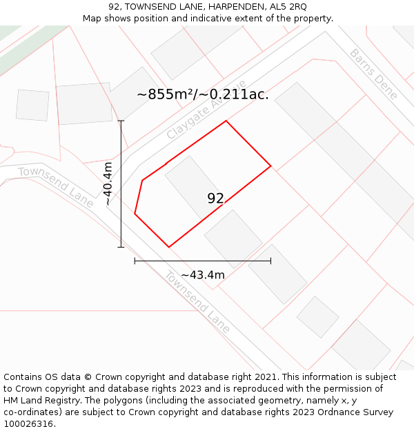 92, TOWNSEND LANE, HARPENDEN, AL5 2RQ: Plot and title map