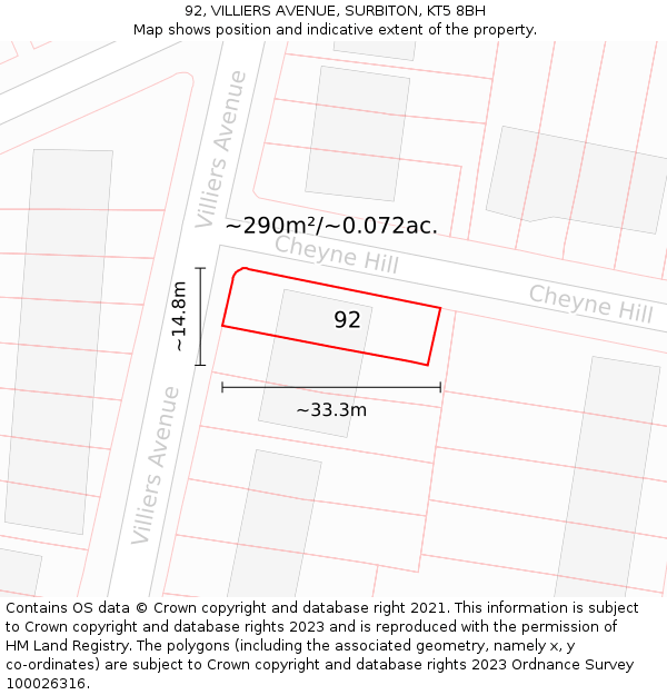 92, VILLIERS AVENUE, SURBITON, KT5 8BH: Plot and title map