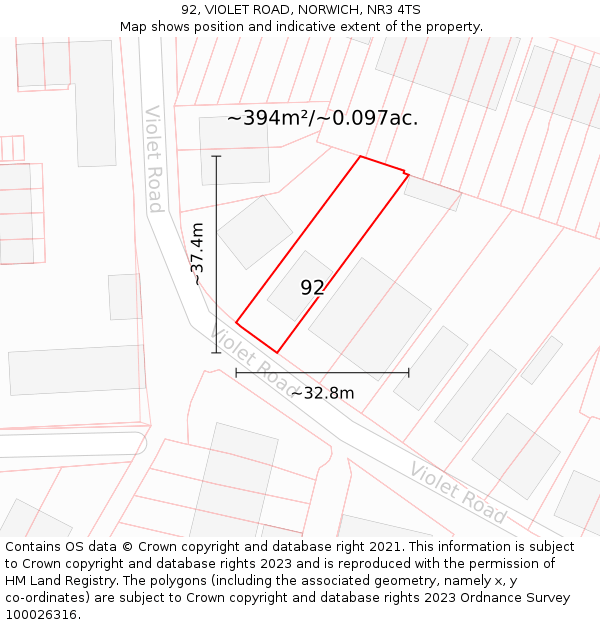 92, VIOLET ROAD, NORWICH, NR3 4TS: Plot and title map