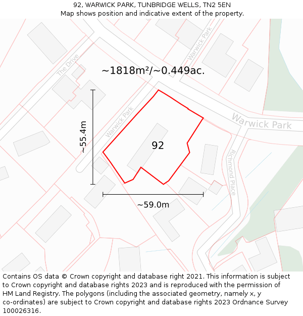 92, WARWICK PARK, TUNBRIDGE WELLS, TN2 5EN: Plot and title map