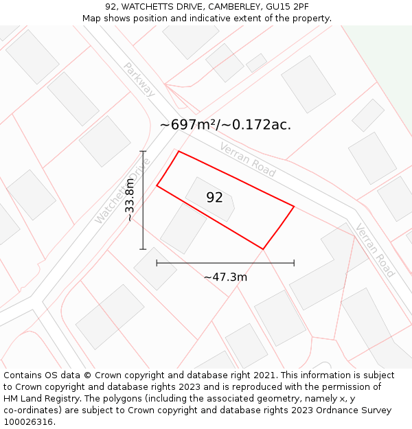 92, WATCHETTS DRIVE, CAMBERLEY, GU15 2PF: Plot and title map