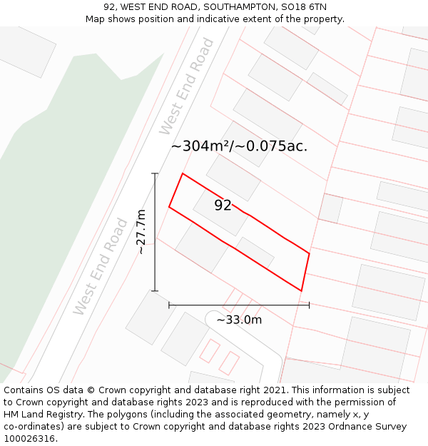 92, WEST END ROAD, SOUTHAMPTON, SO18 6TN: Plot and title map