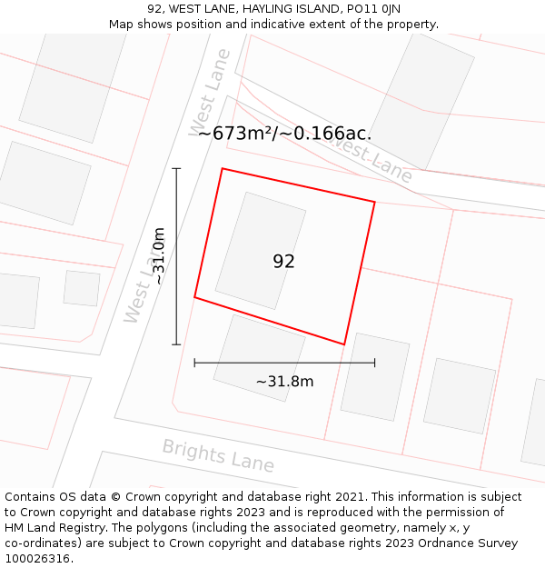 92, WEST LANE, HAYLING ISLAND, PO11 0JN: Plot and title map