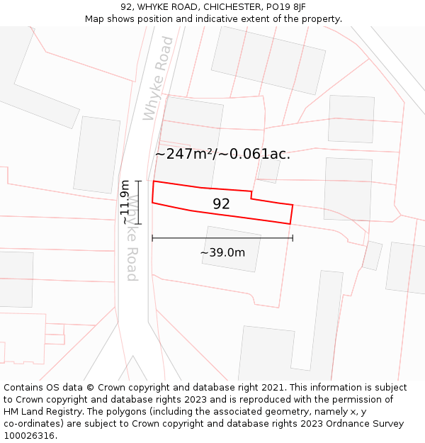 92, WHYKE ROAD, CHICHESTER, PO19 8JF: Plot and title map