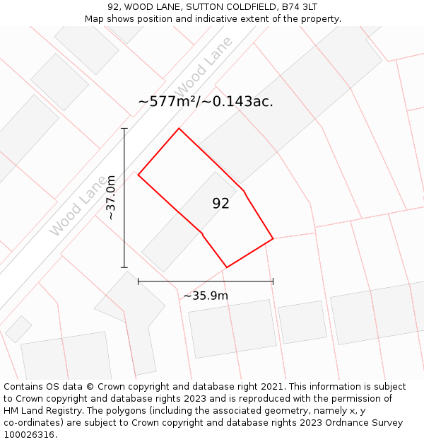 92, WOOD LANE, SUTTON COLDFIELD, B74 3LT: Plot and title map