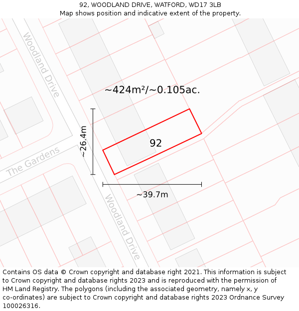 92, WOODLAND DRIVE, WATFORD, WD17 3LB: Plot and title map