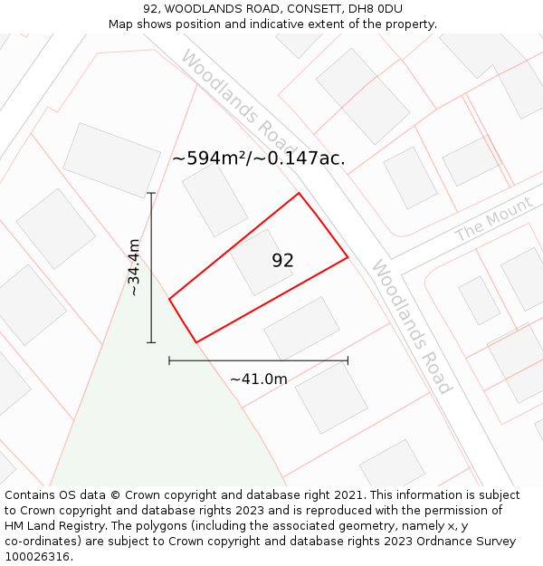 92, WOODLANDS ROAD, CONSETT, DH8 0DU: Plot and title map
