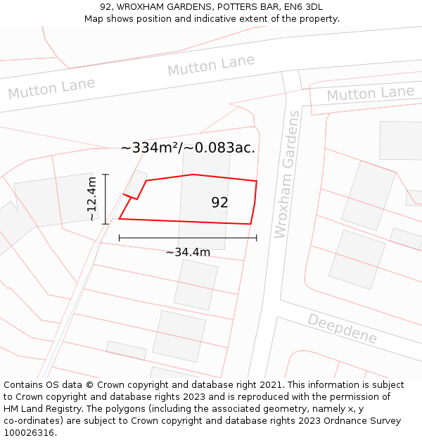 92, WROXHAM GARDENS, POTTERS BAR, EN6 3DL: Plot and title map