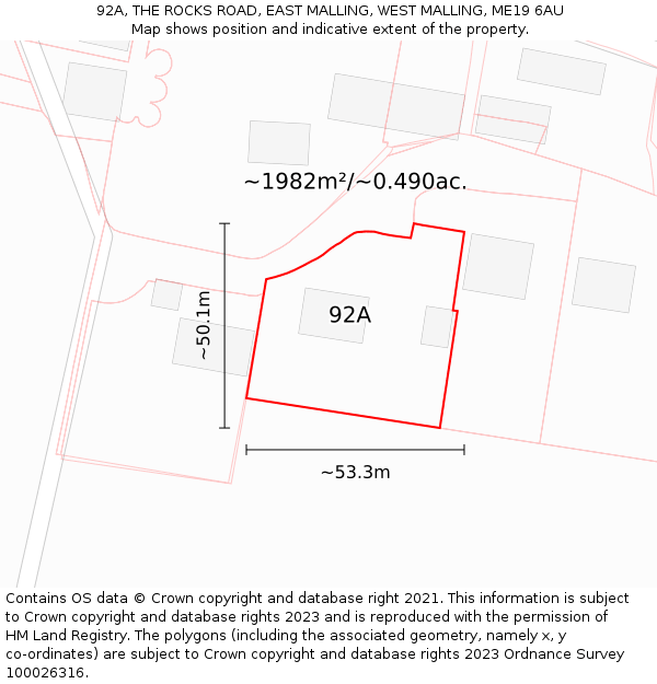 92A, THE ROCKS ROAD, EAST MALLING, WEST MALLING, ME19 6AU: Plot and title map