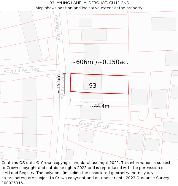 93, AYLING LANE, ALDERSHOT, GU11 3ND: Plot and title map