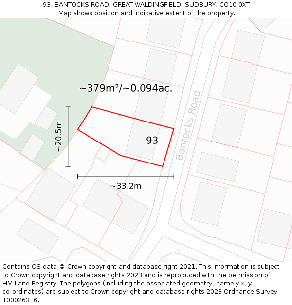 93, BANTOCKS ROAD, GREAT WALDINGFIELD, SUDBURY, CO10 0XT: Plot and title map