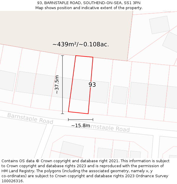 93, BARNSTAPLE ROAD, SOUTHEND-ON-SEA, SS1 3PN: Plot and title map