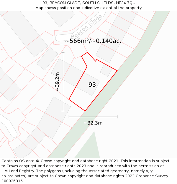 93, BEACON GLADE, SOUTH SHIELDS, NE34 7QU: Plot and title map