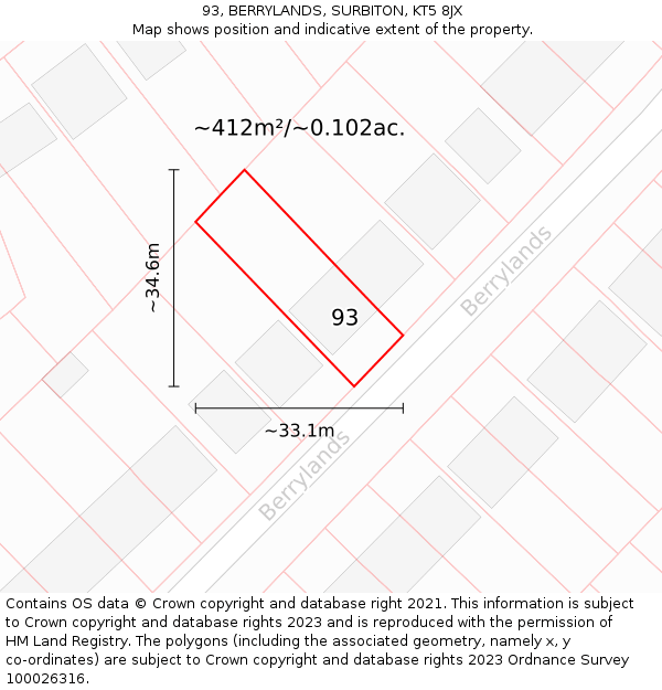 93, BERRYLANDS, SURBITON, KT5 8JX: Plot and title map