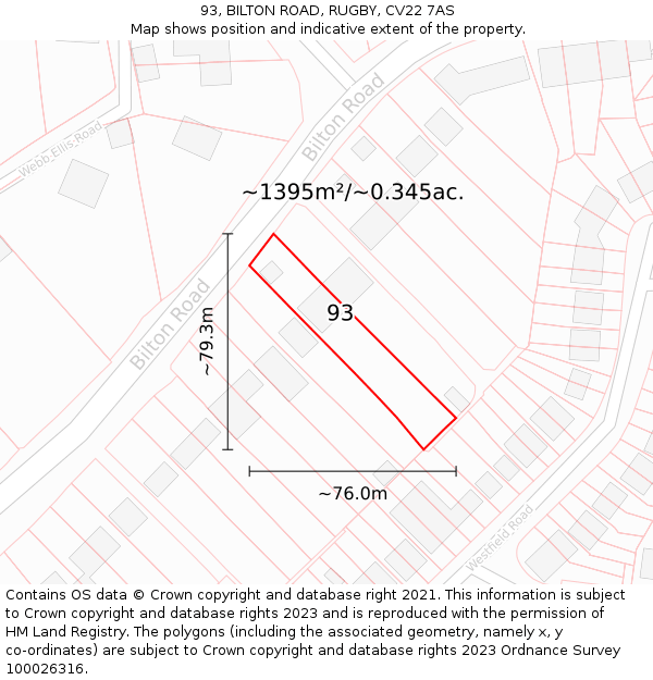 93, BILTON ROAD, RUGBY, CV22 7AS: Plot and title map