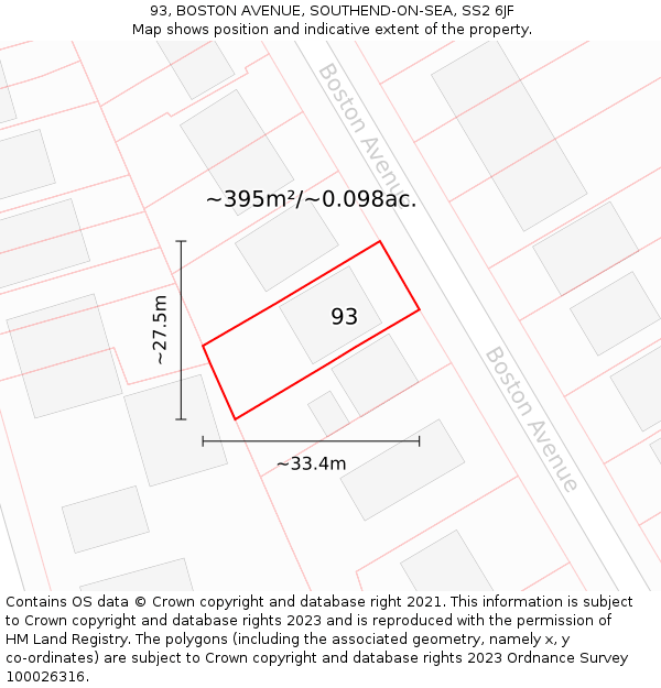 93, BOSTON AVENUE, SOUTHEND-ON-SEA, SS2 6JF: Plot and title map