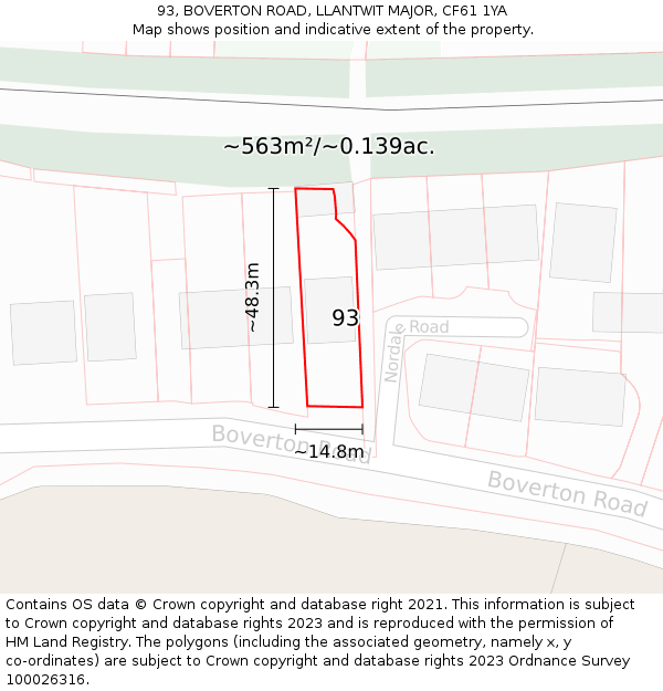 93, BOVERTON ROAD, LLANTWIT MAJOR, CF61 1YA: Plot and title map