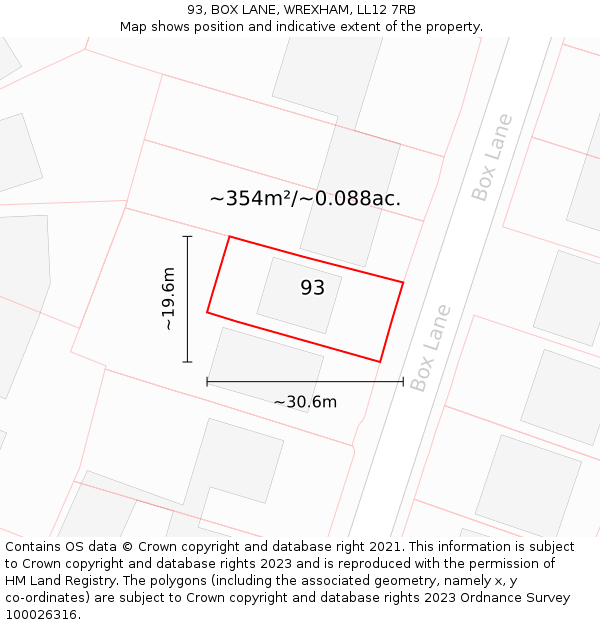 93, BOX LANE, WREXHAM, LL12 7RB: Plot and title map