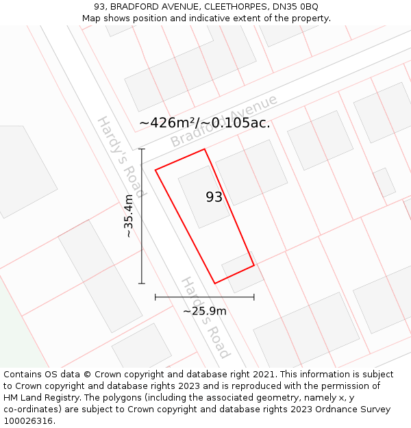 93, BRADFORD AVENUE, CLEETHORPES, DN35 0BQ: Plot and title map