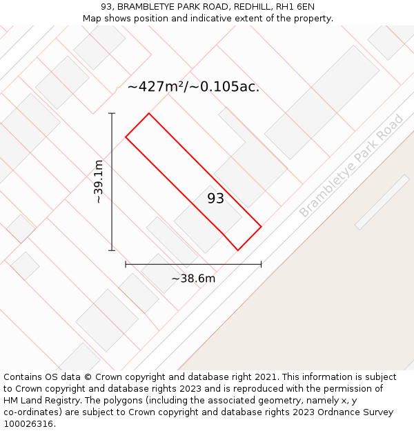 93, BRAMBLETYE PARK ROAD, REDHILL, RH1 6EN: Plot and title map
