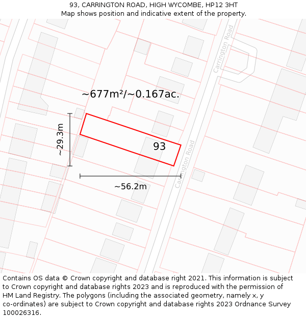 93, CARRINGTON ROAD, HIGH WYCOMBE, HP12 3HT: Plot and title map