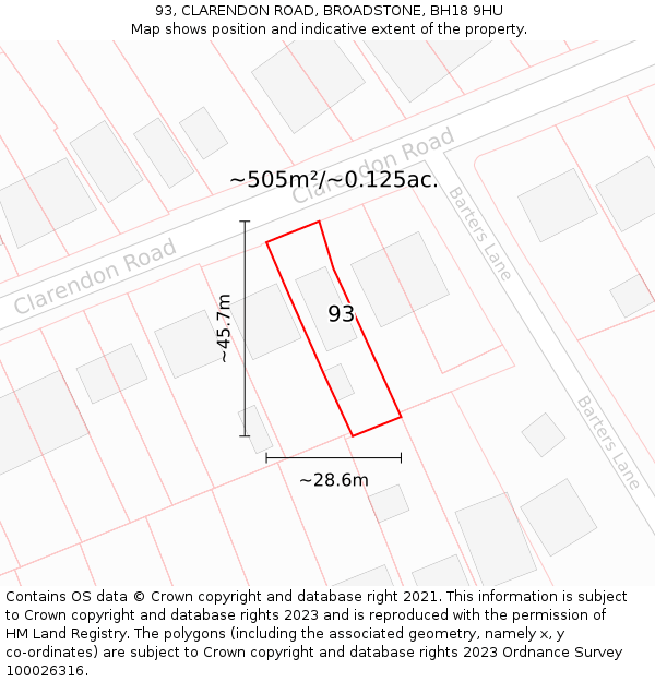 93, CLARENDON ROAD, BROADSTONE, BH18 9HU: Plot and title map