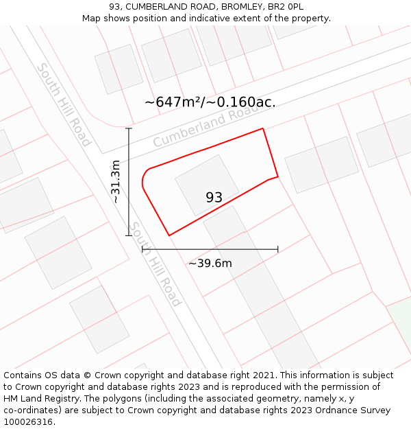 93, CUMBERLAND ROAD, BROMLEY, BR2 0PL: Plot and title map