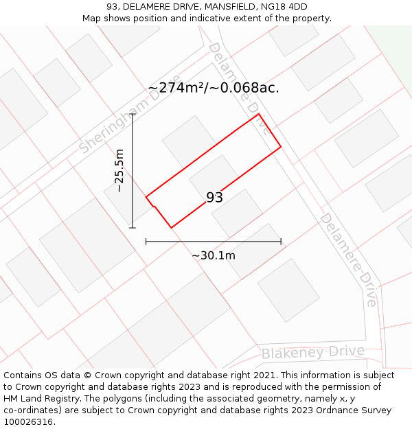 93, DELAMERE DRIVE, MANSFIELD, NG18 4DD: Plot and title map