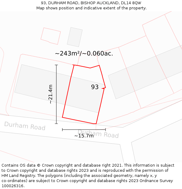 93, DURHAM ROAD, BISHOP AUCKLAND, DL14 8QW: Plot and title map