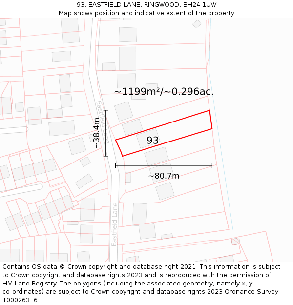 93, EASTFIELD LANE, RINGWOOD, BH24 1UW: Plot and title map