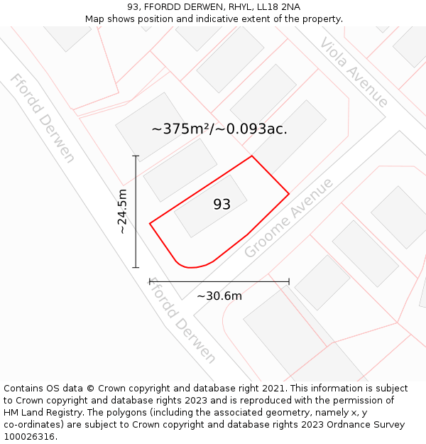 93, FFORDD DERWEN, RHYL, LL18 2NA: Plot and title map