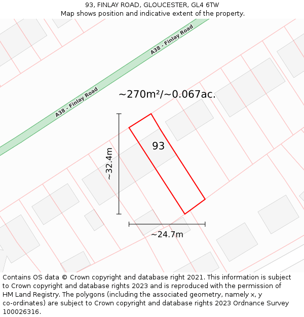 93, FINLAY ROAD, GLOUCESTER, GL4 6TW: Plot and title map