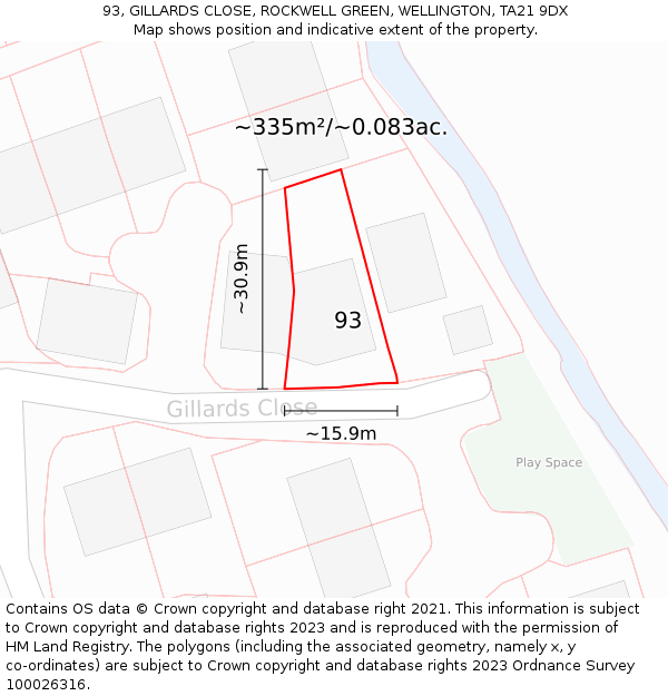 93, GILLARDS CLOSE, ROCKWELL GREEN, WELLINGTON, TA21 9DX: Plot and title map