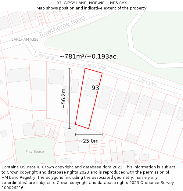 93, GIPSY LANE, NORWICH, NR5 8AX: Plot and title map
