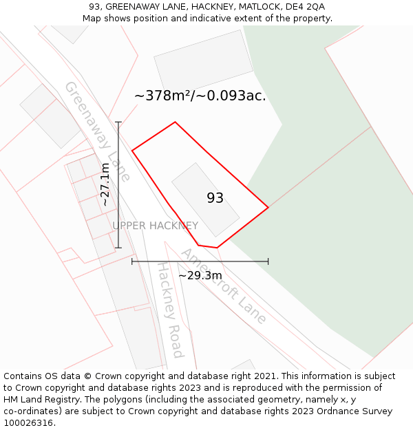 93, GREENAWAY LANE, HACKNEY, MATLOCK, DE4 2QA: Plot and title map