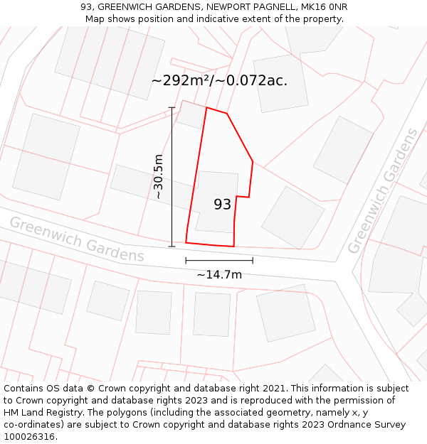 93, GREENWICH GARDENS, NEWPORT PAGNELL, MK16 0NR: Plot and title map