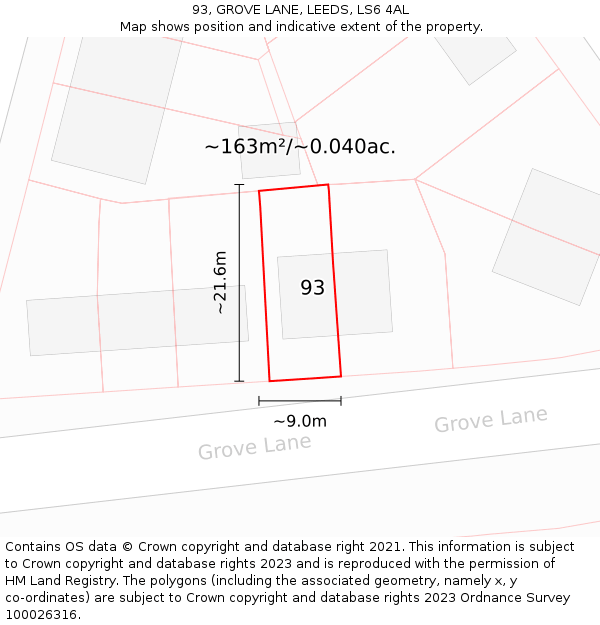 93, GROVE LANE, LEEDS, LS6 4AL: Plot and title map