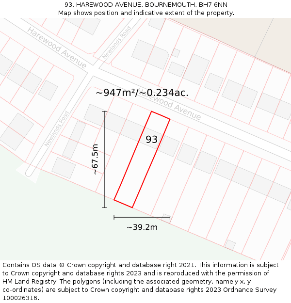 93, HAREWOOD AVENUE, BOURNEMOUTH, BH7 6NN: Plot and title map