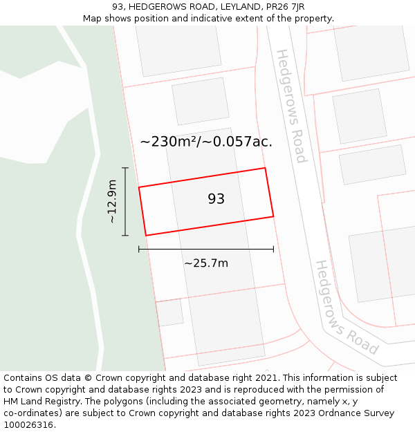 93, HEDGEROWS ROAD, LEYLAND, PR26 7JR: Plot and title map