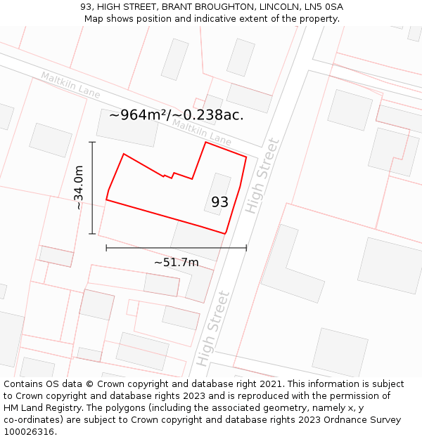 93, HIGH STREET, BRANT BROUGHTON, LINCOLN, LN5 0SA: Plot and title map