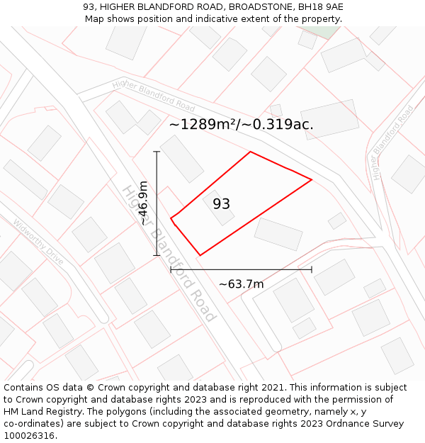 93, HIGHER BLANDFORD ROAD, BROADSTONE, BH18 9AE: Plot and title map