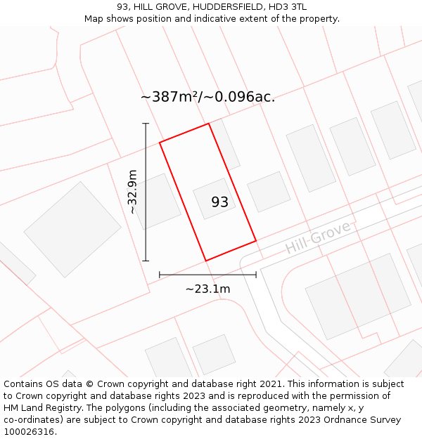 93, HILL GROVE, HUDDERSFIELD, HD3 3TL: Plot and title map