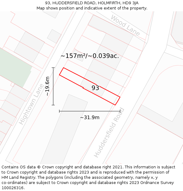 93, HUDDERSFIELD ROAD, HOLMFIRTH, HD9 3JA: Plot and title map