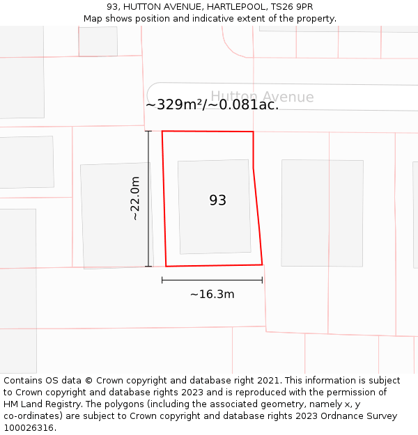 93, HUTTON AVENUE, HARTLEPOOL, TS26 9PR: Plot and title map