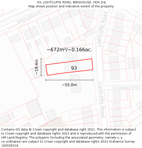 93, LIGHTCLIFFE ROAD, BRIGHOUSE, HD6 2HJ: Plot and title map