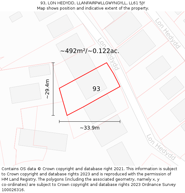 93, LON HEDYDD, LLANFAIRPWLLGWYNGYLL, LL61 5JY: Plot and title map