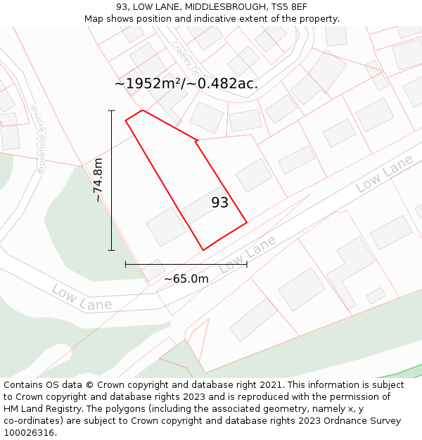93, LOW LANE, MIDDLESBROUGH, TS5 8EF: Plot and title map
