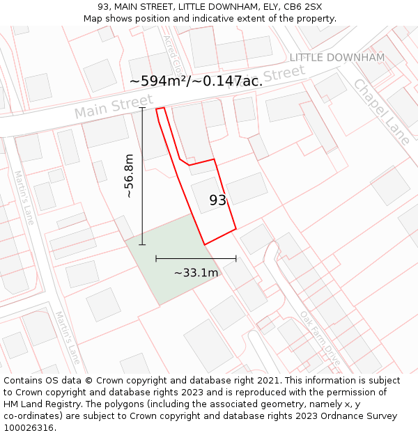 93, MAIN STREET, LITTLE DOWNHAM, ELY, CB6 2SX: Plot and title map