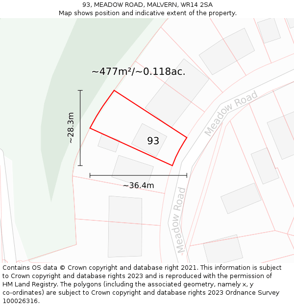 93, MEADOW ROAD, MALVERN, WR14 2SA: Plot and title map